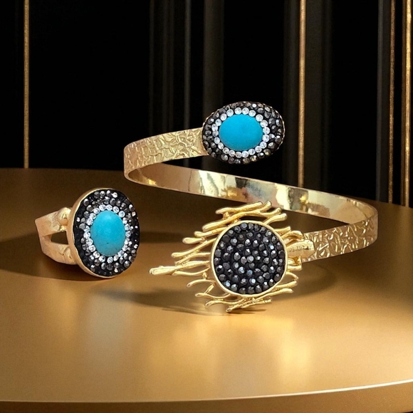 🆕️Turkish Artisan 18K Gold Plated Cuff & Ring Set w/ Turquoise & Hematite ✨ - Picture 1 of 15